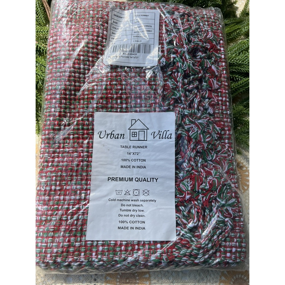 Urban Villa Table Runner  100% Cotton Red Green 14" X 72" Christmas